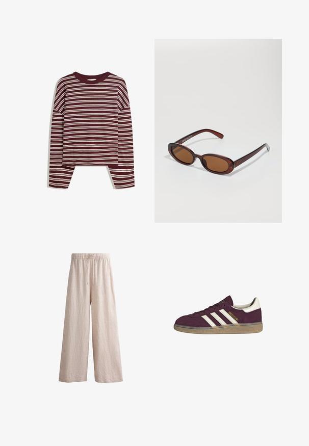 Burgundská blúzka s dlhým rukávom a bielymi horizontálnymi pruhmi. Má okrúhly výstrih a postranné rozparky na leme pre pohodlný strih.; Béžové ľanové nohavice so širokým strihom, elastickým pásom a šnúrkou. Majú textúrovaný povrch a dĺžku po celé nohy.; Bordový semišový tenisk s bielymi tromi pruhmi a béžovými akcentmi. Má textúrovanú gumovú podrážku a zlaté logo na boku.; Okrúhle slnečné okuliare s hnedým nádychom a lesklým burgundským rámom. Úzke ramená s jemným brandovaním. Plochej šošovky dizajn.; Hnedá tkaná kožená kabelka s voľným, trojuholníkovým tvarom. Má opletenú rúčku a zips na vrchu.