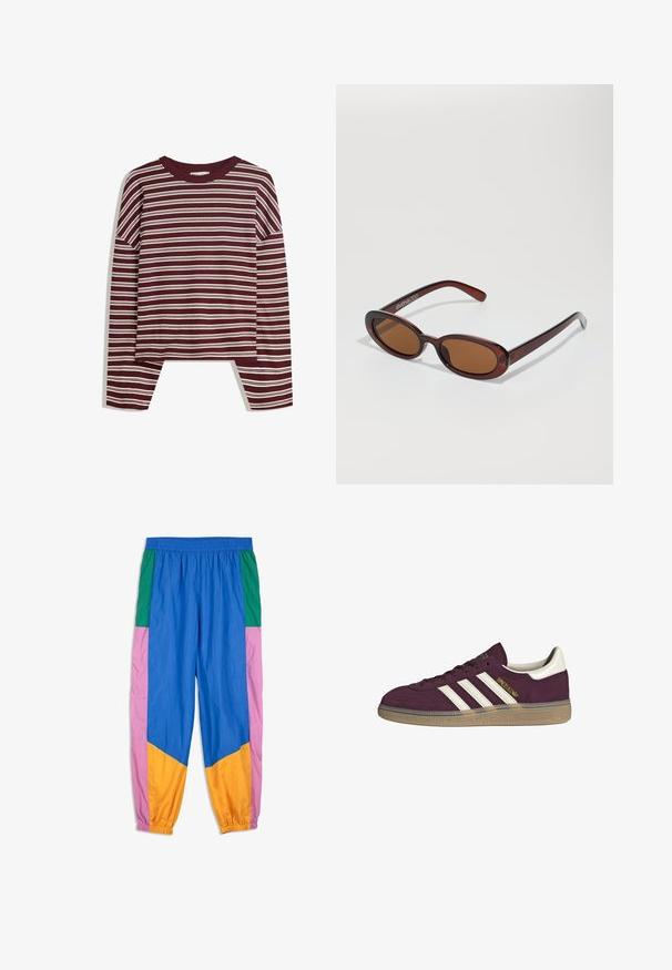 Burgunderfarbene Langarmbluse mit weißen horizontalen Streifen. Verfügt über einen runden Halsausschnitt und seitliche Schlitze am Saum für eine lockere Passform.; Bunte Jogginghosen mit Paneelen in Blau, Grün, Pink und Orange. Hergestellt aus leichtem Stoff mit einem elastischen Bund und Bündchen.; Bordeauxfarbene Wildledersneaker mit weißen drei Streifen und beigen Akzenten. Verfügt über eine strukturierte Gummisohle und goldene Markenlogo auf der Seite.; Runde, braun getönte Sonnenbrillen mit einem glänzenden burgunderfarbenen Rahmen. Schlanke Bügel mit dezentem Branding. Flaches Linsendesign.; Braune, geflochtene Lederhandtasche mit einer lässigen, dreieckigen Form. Verfügt über einen geflochtenen Griff und einen Reißverschluss an der Oberseite.