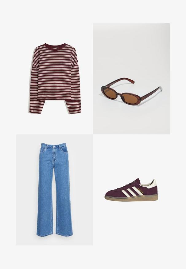 Bordo dukserica dugih rukava s bijelim horizontalnim prugama. Ima okrugli izrez i bočne proreze na rubu za opušteni kroj.; Plave traperice širokih nogavica visokog struka, s dva prednja džepa i kopčanjem na dugme. Tkanina ima blago teksturiranu površinu.; Maroon zamšene tenisice s bijelim tri pruge i bež detaljima. Imaju teksturiranu gumenju potplat i zlatni logotip sa strane.; Okvir okruglih, smeđkastih sunčanih naočala s sjajnim burgundskim okvirom. Uski nositelji s suptilnim brendiranjem. Ravna leća.; Smeškan smeđi kožni torbica u obliku trokuta. Ima pletenu ručku i patentni zatvarač na vrhu.