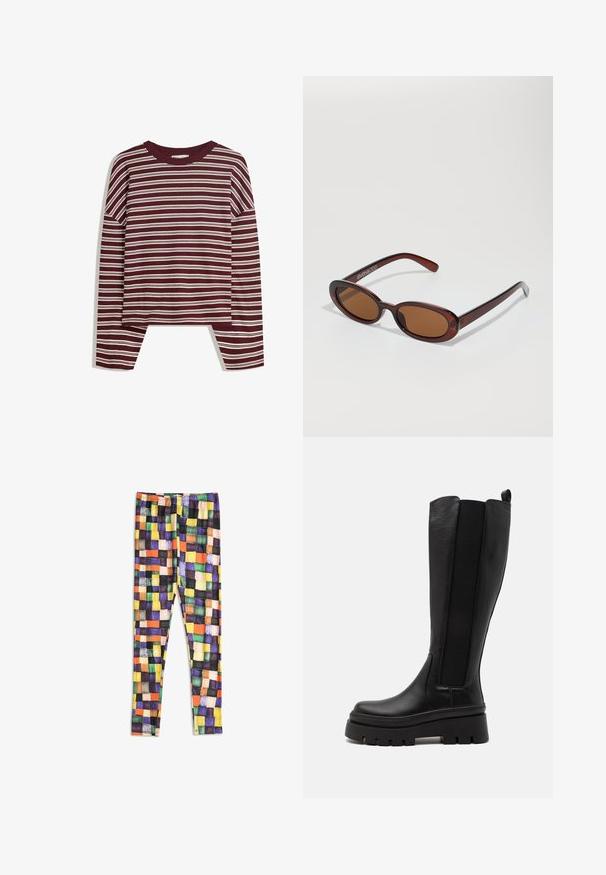 Haut bordeaux à manches longues avec des rayures blanches horizontales. Présente un col rond et des fentes latérales à l'ourlet pour un ajustement décontracté.; Leggings avec un motif à carreaux multicolore dans des tons de jaune, orange, vert, violet, noir et beige sur un fond blanc.; Botte noire montante en cuir lisse avec des panneaux latéraux élastiques, semelle plate-forme épaisse et texture striée à la base.; Lunettes de soleil rondes teinte brun avec une monture bordeaux brillante. Branches fines avec un détail de marque subtil. Design de verres plats.; Sac à main synthétique marron au fini brillant, comportant deux poches avant, des accents cousus et des poignées doubles pour le transport.