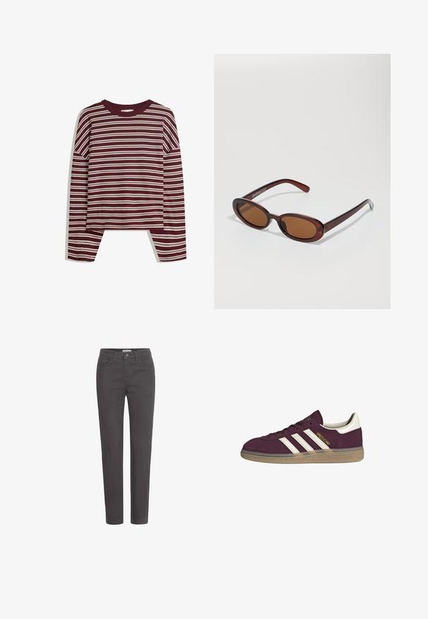Bordeaux lange mouw top met witte horizontale strepen. Is voorzien van een ronde halslijn en zijsplitsen aan de zoom voor een comfortabele pasvorm.; Donkergrijze spijkerbroek met rechte pijpen, voorkeisen en een knoopsluiting. Het materiaal heeft een soepele textuur en minimale hardwareaccenten.; Bordeauxsuède sneaker met witte drie strepen en beige accenten. Voorzien van een gestructureerde rubberen zool en gouden branding aan de zijkant.; Ronde, bruin getinte zonnebril met een glanzend bordeauxrood frame. Slanke pootjes met subtiele merkdetails. Vlakke lensontwerp.; Bruine geweven leren handtas met een slonzig, driehoekig model. Voorzien van een gevlochten handvat en een ritssluiting aan de bovenkant.