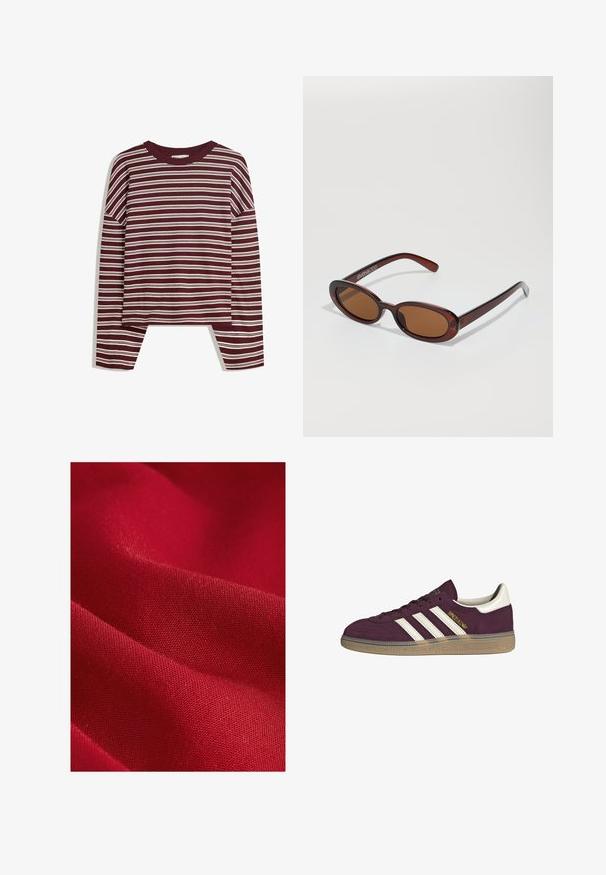 Haut bordeaux à manches longues avec des rayures blanches horizontales. Présente un col rond et des fentes latérales à l'ourlet pour un ajustement décontracté.; Tissu rouge avec une texture lisse, présentant un tissage fin et un léger éclat, affichant de douces plis et contours.; Baskets en suède bordeaux avec trois bandes blanches et accents beige. Elles possèdent une semelle en caoutchouc texturé et un logo doré sur le côté.; Lunettes de soleil rondes teinte brun avec une monture bordeaux brillante. Branches fines avec un détail de marque subtil. Design de verres plats.; Sac à main en cuir tissé marron avec une forme triangulaire et souple. Il possède une poignée tressée et une fermeture éclair sur le dessus.