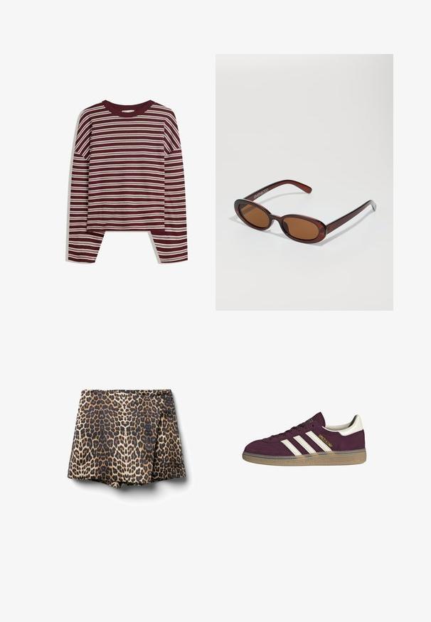 Haut bordeaux à manches longues avec des rayures blanches horizontales. Présente un col rond et des fentes latérales à l'ourlet pour un ajustement décontracté.; Shorts en imprimé léopard avec une taille ajustée et un design évasé. Fabriqués en tissu léger, avec une texture lisse et des couleurs vives.; Baskets en suède bordeaux avec trois bandes blanches et accents beige. Elles possèdent une semelle en caoutchouc texturé et un logo doré sur le côté.; Lunettes de soleil rondes teinte brun avec une monture bordeaux brillante. Branches fines avec un détail de marque subtil. Design de verres plats.; Sac à main en cuir tissé marron avec une forme triangulaire et souple. Il possède une poignée tressée et une fermeture éclair sur le dessus.
