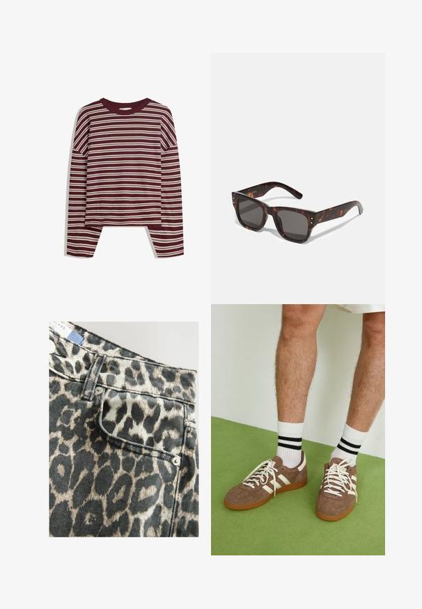 Haut bordeaux à manches longues avec des rayures blanches horizontales. Présente un col rond et des fentes latérales à l'ourlet pour un ajustement décontracté.; Shorts en denim imprimé léopard avec une taille structurée, poche avant, dans une palette de couleurs noire et beige, agrémentés de boutons en métal argenté.; Baskets en daim marron avec des accents et des lacets blancs. Semelle en caoutchouc gomme. Portées avec des chaussettes blanches à rayures noires. Sol texturé vert.; Lunettes de soleil en écaille de tortue avec lentilles foncées, monture carrée et studs argentés en accent à l'avant. Fabriquées en plastique, légères et durables.; Sac à main en cuir tissé marron avec une forme triangulaire et souple. Il possède une poignée tressée et une fermeture éclair sur le dessus.