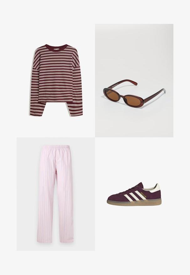 Top de culoare burgundă cu mânecă lungă și dungi orizontale albe. Prezintă un guler rotund și slits laterale la tiv pentru o potrivire lejeră.; Pantaloni roz deschis cu dungi verticale albastre, realizați dintr-un material neted, având o talie elastică și un design cu picioare largi.; Adidași din suede bordeaux cu trei dungi albe și accente bej. Prezintă o talpă din cauciuc texturată și un branding de aur pe lateral.; Ochelari de soare rotunzi, cu nuanțe de brown și cu un cadru lucios de burgund. Brațe subțiri cu detalii subtile de branding. Design cu lentile plate.; Geantă din piele împletită, de culoare maro, cu o formă triangulară, lejeră. Are un mâner împletit și închidere cu fermoar pe partea superioară.