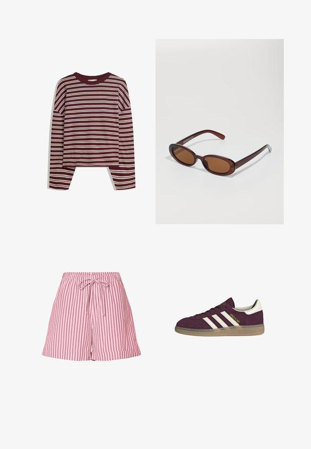 Burgundská dlouhá halenka s bílými vodorovnými pruhy. Obsahuje kulatý výstřih a boční rozparky na lemu pro uvolněný střih.; Pieces TAELYN - Šortky - pink-a-boo; Bordové semišové tenisky s bílými třemi pruhy a béžovými akcenty. Mají texturovanou gumovou podrážku a zlaté logo na boku.; Kulaté sluneční brýle hnědé barvy s lesklým burgundským rámem. Úzké nožičky s jemným logem. Rovné čočky.; Hnědá pletená kožená kabelka s uvolněným trojúhelníkovým tvarem. Disponuje spleteným uchem a zipovým uzavíráním na vrchu.