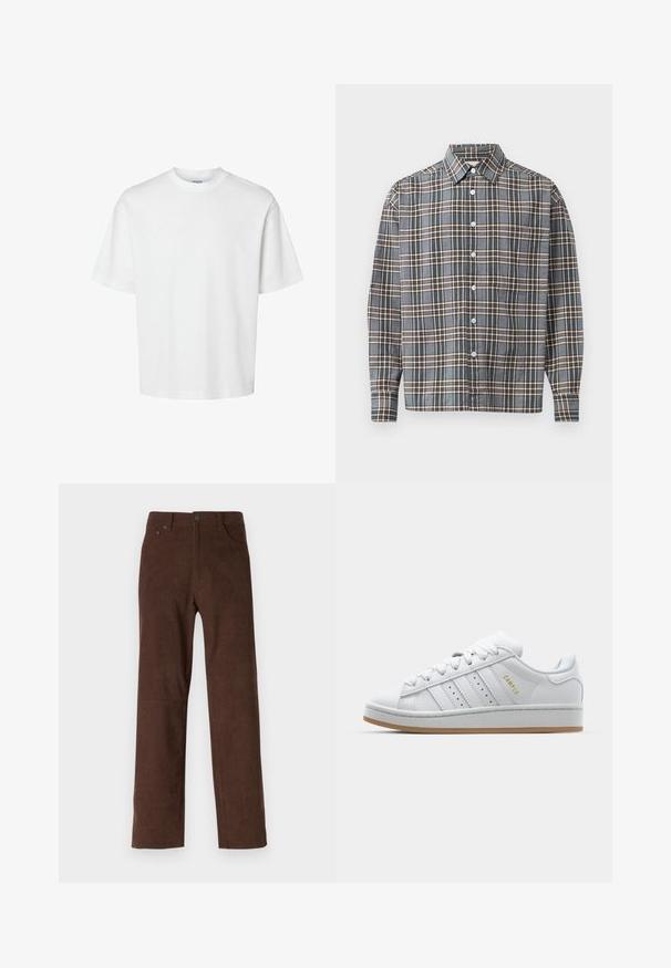 Valge puuvillane t-särk lühikeste varrukatega, ümmarguse kaelusega ja lõdva lõikega. Sile tekstuur, ilma nähtavate mustrite või aktsentideta.; Pikkade käistega nupuga särk, millel on sinine, pruun ja beež ruuduline mustri ning rindepocket heledal taustal.; Pruunid korduroy püksid sirge lõikega, millel on nööp- ja tõmblukku sulgemine, kaks eesmist taskut ning tekstureeritud ribadekujundus.; Valge tenniseking, millel on perforeeritud kolmerealine disain, tekstureeritud aktsendid, kummist talla ja külgedel kuldne "CAMPUS" logo.