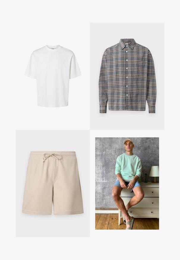 T-shirt bianco in cotone con maniche corte, scollo rotondo e vestibilità rilassata. Texture liscia senza pattern o dettagli visibili.; Camicetta a maniche lunghe con pattern a quadri blu, marrone e beige e tasca sul petto su uno sfondo chiaro.; Pantaloni corti beige con texture a coste, vita con cordoncino e tasche laterali, che mostrano un design semplice e funzionale.; Felpa verde menta, shorts in denim e scarpe slip-on verde oliva. Seduto su un comò chiaro contro un muro grigio texturizzato.