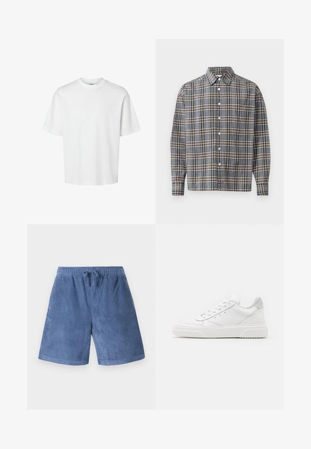 Witte katoenen t-shirt met korte mouwen, ronde hals en een relaxed fit. Gladde textuur zonder zichtbare patronen of accenten.; Langermige overhemd met knopen, in een blauw, bruin en beige ruitpatroon, met een borstzakje op een lichte achtergrond.; Blauwe corduroy shorts met een elastische tailleband en trekkoorden. Beschikt over een verticale ribbelstructuur en een rechte pijp.; Witte leren sneakers met een gladde afwerking, ronde neus, platte veters en een gestructureerde zool. Grijze suède accent bij de hiel.