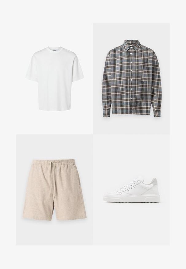 Camiseta blanca de algodón con mangas cortas, escote redondo y un corte relajado. Textura suave sin patrones o acentos visibles.; Camisa de manga larga con botones en un patrón de cuadros azul, marrón y beige, y un bolsillo en el pecho sobre un fondo claro.; Pantalones cortos de lino beige con cintura elástica, cordón, bolsillos laterales y una tela texturizada. Diseño casual, corte a la altura de la rodilla.; Zapatillas de cuero blanca con un acabado suave, punta redondeada, cordones planos y una suela texturada. Acento de ante gris en el talón.
