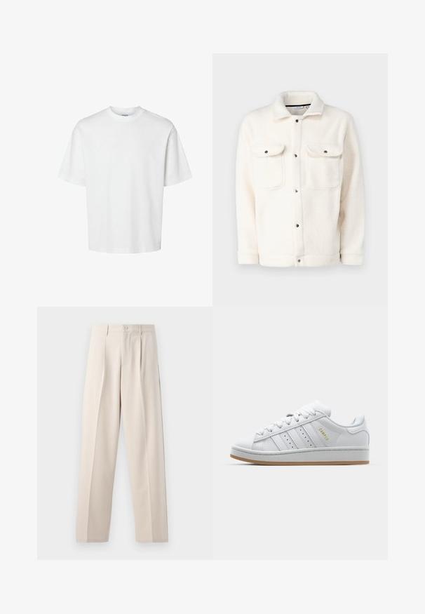Weißes Baumwoll-T-Shirt mit kurzen Ärmeln, Rundhalsausschnitt und lässigem Schnitt. Glatte Textur ohne sichtbare Muster oder Akzente.; Fleecejacke in Off-White mit Knopfverschluss, zwei Brusttaschen und einem Hemdkragen. Sie zeichnet sich durch eine strukturierte Oberfläche und abgerundete Bündchen aus.; Beige weite Hosen aus einem glatten Stoff, mit einem vorderen Faltenwurf, einem einfachen Knopfverschluss und einem sauberen Saum.; Weiße Sneaker mit durchbrochenem Drei-Streifen-Design, strukturierten Akzenten, einer Gummisohle und dem goldenen "CAMPUS"-Logo an der Seite.