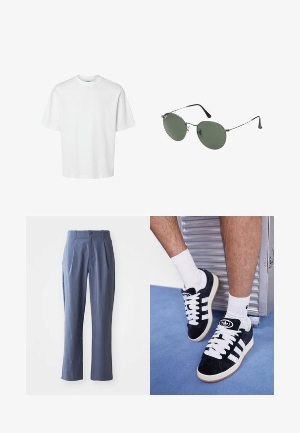 T-shirt en coton blanc à manches courtes, col rond et coupe décontractée. Texture lisse sans motifs ou accents visibles.; Chemise à boutons à manches courtes, de couleur beige, avec un col, présentant un logo vert sur la poche poitrine gauche. Tissu lisse et léger.; Pantalon bleu marine avec plis, coupe droite, en tissu léger, avec une fermeture à un bouton à l'avant et des passants de ceinture.; Baskets en suede noir avec des lacets blancs et trois rayures blanches. Présente un logo circulaire noir sur la languette et une semelle en caoutchouc beige.; Lunettes de soleil en métal avec des verres ovales verts. Monture en métal argenté mince et embouts d'oreille noirs. Design minimaliste, sans logos visibles.
