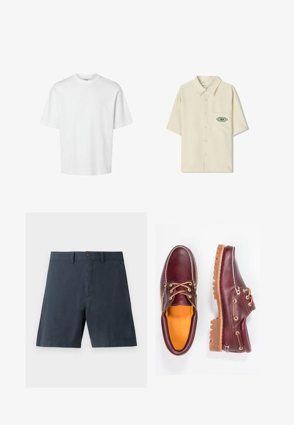 Valkoinen puuvillapaita lyhyillä hihoilla, pyöreällä kaula-aukolta ja rentoa istuvuutta. Sujuva pinta ilman näkyviä kuvioita tai korostuksia.; Lyhythihainen, vaaleanbeige nappipaita, jossa on kauluspääntie ja vasemmassa rintataskussa vihreä logo. Pehmeä ja kevyt kangas.; Tummansinisen väriset shortit, jotka on valmistettu puuvillasekoitekankaasta. Shorteissa on nappikiinnitys, sivutaskut ja suora lahkeiden muoto.; Burgundin nahkakengät ruskeilla kumipohjilla, pyöreällä kärjellä, valkoisella ompelulla ja kultaisilla nauha-aukkoilla. Sisäpuolella on keltainen vuori.