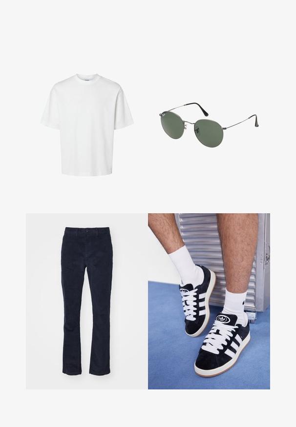 Tricou alb din bumbac, cu mâneci scurte, guler rotund și o croială lejeră. Textură netedă, fără modele sau accente vizibile.; Cămașă cu mânecă scurtă, bej, cu butoni, având un guler cu un logo verde pe buzunarul din stânga pieptului. Țesătură netedă și ușoară.; DOCKERS SMART FLEX MOTION SLIM - Pantaloni chino - navy; Adidași negri din suede cu șireturi albe și trei dungi albe. Au un logo circular negru pe limbă și o talpă din cauciuc de tip gumă.; Ochelari de soare cu ramă metalică, dotati cu lentile ovale verzi. Ramă subțire din metal argintiu și ușițe negre. Design minimalist, fără logo-uri vizibile.