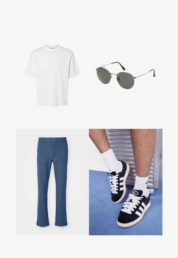 Bela bombažna majica s kratkimi rokavi, okroglo izrezana in udobnega kroja. Gladka tekstura brez vidnih vzorcev ali dekoracij.; Polo s kratkimi rokavi, bež barve, z gumbi spredaj in ovratnikom, na levi strani prsnega žepa pa ima zeleni logotip. Gladka in lahka tkanina.; Modre hlače ravnega kroja iz gladkega materiala z gumbom in zadrgo. Imajo stranske žepe in čisto, oblikovano zasnovo.; Črne semiš teniske z belimi vezalkami in tremi belimi črtami. Imajo okroglo črno oznako na jezičku in gumijast podplat.; Sončna očala z ovalnimi zelenimi lečami v kovinskem okvirju. Tanjši srebrni kovinski okvir in črne ušesne konice. Minimalistična zasnova, brez vidnih logotipov.