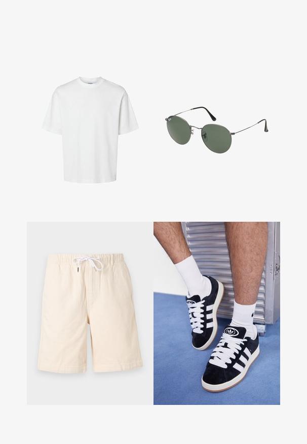 Witte katoenen t-shirt met korte mouwen, ronde hals en een relaxed fit. Gladde textuur zonder zichtbare patronen of accenten.; Korte mouwen, beige knoopdoorhalende shirt met een kraag, voorzien van een groen logo op de linkse borstzak. Soepele, lichte stof.; Beige katoenen short met een ontspannen pasvorm, elastische tailleband en witte trekkoorden. Heeft zijzakken en een soepele textuur.; Zwarte suède sneakers met witte veters en drie witte strepen. Heeft een cirkelvormig zwart logo op de tong en een gumrubberen zool.; Metalen zonnebril met ovale groene lenzen. Dunne zilveren metalen rand en zwarte oorstoppers. Minimalistisch ontwerp, zonder zichtbare logo's.