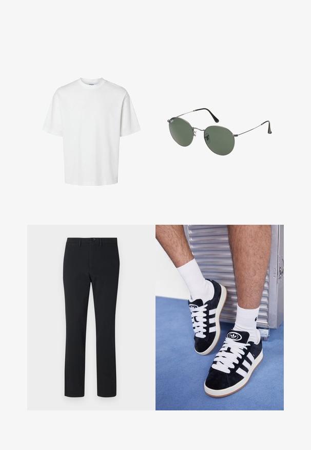 Valkoinen puuvillapaita lyhyillä hihoilla, pyöreällä kaula-aukolta ja rentoa istuvuutta. Sujuva pinta ilman näkyviä kuvioita tai korostuksia.; Lyhythihainen, vaaleanbeige nappipaita, jossa on kauluspääntie ja vasemmassa rintataskussa vihreä logo. Pehmeä ja kevyt kangas.; Musta, suora lahkeinen housu, joka on valmistettu sileästä kankaasta. Ominaisuuksiin kuuluu etunapilla suljettava malli, vyölenkit ja kaksi sivutaskua.; Mustat mokkasneakersit, joissa on valkoiset nauhat ja kolme valkoista raitaa. Kengissä on ympyrän muotoinen musta logo kielen päällä ja kuminen pohja.; Aurinkolasit metallikehyksillä, joissa on soikeat vihreät linssit. Ohut hopeinen metallikehys ja mustat korvapehmusteet. Minimalistinen muotoilu, ei näkyviä logoja.