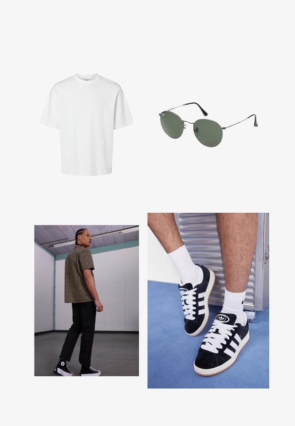 Bela bombažna majica s kratkimi rokavi, okroglo izrezana in udobnega kroja. Gladka tekstura brez vidnih vzorcev ali dekoracij.; Polo s kratkimi rokavi, bež barve, z gumbi spredaj in ovratnikom, na levi strani prsnega žepa pa ima zeleni logotip. Gladka in lahka tkanina.; Majica s kratkimi rokavi v leopardjem vzorcu v bež in črni barvi, kombinirana s črnimi hlačami in črnimi supergami z belimi detajli.; Črne semiš teniske z belimi vezalkami in tremi belimi črtami. Imajo okroglo črno oznako na jezičku in gumijast podplat.; Sončna očala z ovalnimi zelenimi lečami v kovinskem okvirju. Tanjši srebrni kovinski okvir in črne ušesne konice. Minimalistična zasnova, brez vidnih logotipov.