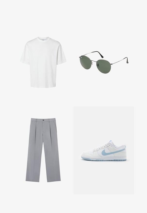 Fehér pamut póló rövid ujjakkal, kerek nyakkivágással és laza szabással. Simább textúra, látható minták vagy kiegészítők nélkül.; Szürke, lazább fazonú, pliszírozott nadrág, könnyű anyagból készült. Elöl zsebekkel és gombos derékkal rendelkezik.; Fehér alacsony szárú sneaker világoskék Nike logóval, világoskék talp díszítéssel és fehér cipőfűzőkkel, sima semleges háttéren.; Fémkeretes napszemüveg ovális zöld lencsékkel. Vékony ezüst színű fémkeret és fekete fülrész. Minimalista dizájn, látható logók nélkül.