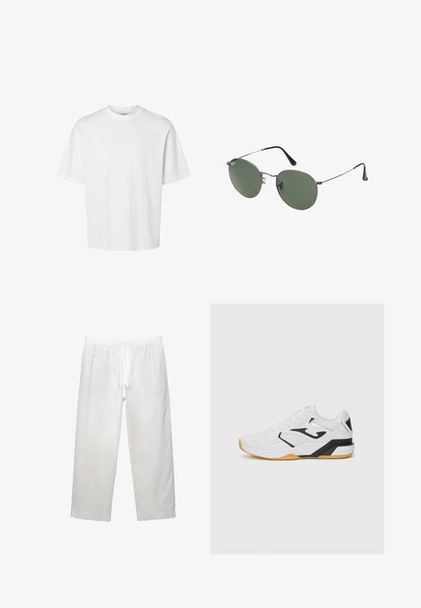 Weißes Baumwoll-T-Shirt mit kurzen Ärmeln, Rundhalsausschnitt und lässigem Schnitt. Glatte Textur ohne sichtbare Muster oder Akzente.; Weiße Leinenhose mit elastischem Bund und Kordelzug, weitem Bein-Design und sauberen Nähten. Glatte Textur mit lässiger Passform.; Weißer Sportschuh mit schwarzen Akzenten, strukturiertem Mesh-Obermaterial, Belüftungsöffnungen für Atmungsaktivität, dickem Gummisohle und Schnürdesign.; Metallgestellte Sonnenbrille mit ovalen grünen Gläsern. Dünner silberner Metallrahmen und schwarze Ohrstücke. Minimalistisches Design, keine sichtbaren Logos.