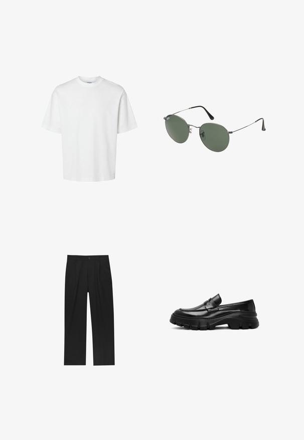 White cotton t-shirt with short sleeves, crew neckline, and a relaxed fit. Smooth texture with no visible patterns or accents.; Black pants with a straight-leg design, made from a smooth fabric. Features front pleats and a single button closure at the waist.; Black leather loafer with a thick, textured rubber sole, featuring a decorative band across the upper and a sleek, glossy finish.; Metal-framed sunglasses with oval green lenses. Thin silver metal frame and black ear tips. Minimalist design, no visible logos.