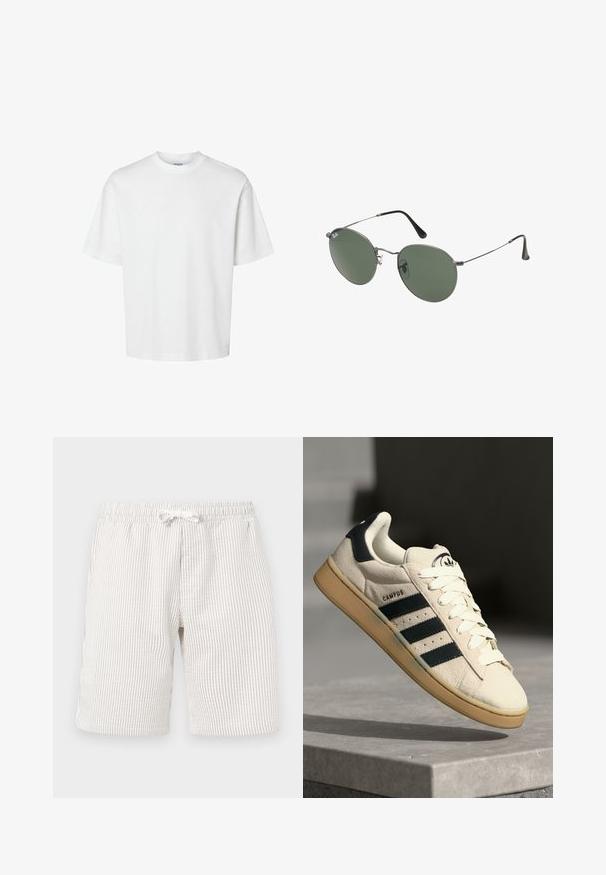 Bela bombažna majica s kratkimi rokavi, okroglo izrezana in udobnega kroja. Gladka tekstura brez vidnih vzorcev ali dekoracij.; Svetlo bež kratke hlače s elastičnim pasom in vrvico. Tekstura se zdi mehka, tkanina ima subtilen vertikalni vzorec.; Bež nubuk tenisice s tremi temno modrimi črtami, belimi vezalkami in svetlo rjavim gumijastim podplatom. Vključuje logo na jezikcu in besedilo "CAMPUS".; Sončna očala z ovalnimi zelenimi lečami v kovinskem okvirju. Tanjši srebrni kovinski okvir in črne ušesne konice. Minimalistična zasnova, brez vidnih logotipov.