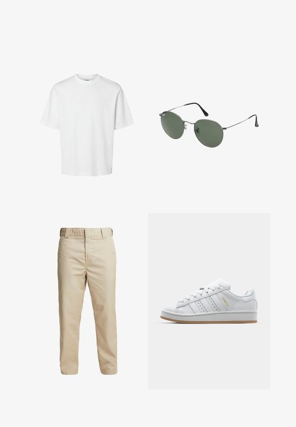 Fehér pamut póló rövid ujjakkal, kerek nyakkivágással és laza szabással. Simább textúra, látható minták vagy kiegészítők nélkül.; Beige pamut nadrág, slim fit szabású, egyenes lábakkal és övhurkokkal; sima tapintás és minimalista dizájn, látható díszítések nélkül.; Fehér sneaker perforált háromsávos dizájnnal, texturált akcentusokkal, gumitalppal és arany "CAMPUS" logóval az oldalon.; Fémkeretes napszemüveg ovális zöld lencsékkel. Vékony ezüst színű fémkeret és fekete fülrész. Minimalista dizájn, látható logók nélkül.