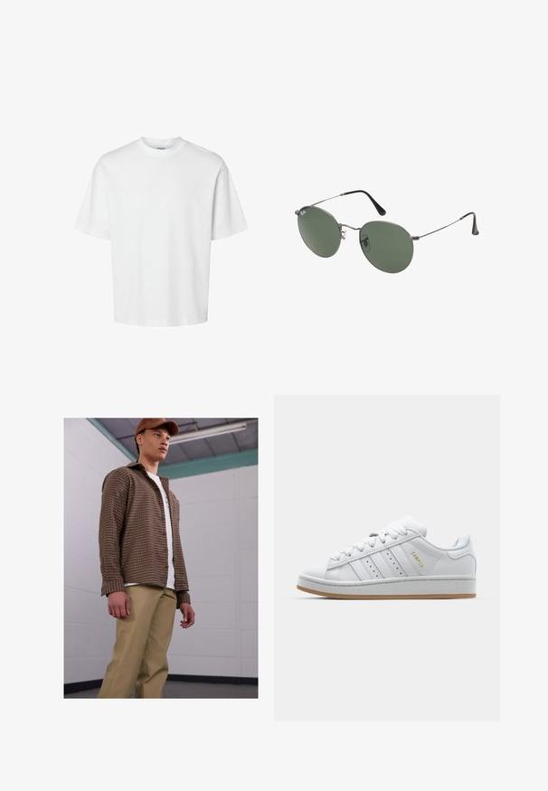 Bílý bavlněný tričko s krátkými rukávy, klasickým kulatým výstřihem a volným střihem. Hladká textura bez viditelných vzorů nebo akcentů.; Hnědo-kostkovaná košile s dlouhými rukávy, spárovaná se béžovými kalhotami, nošená přes bílým tričkem. Model stojí v jednoduchém vnitřním prostředí.; Bílé tenisky s perforovaným designem tří pruhů, texturovanými detaily, gumovou podrážkou a zlatým logem "CAMPUS" po straně.; Sluneční brýle s kovovým rámem a oválnými zelenými skly. Tenký stříbrný kovový rám a černé chrániče uší. Minimalistický design, žádné viditelné logo.