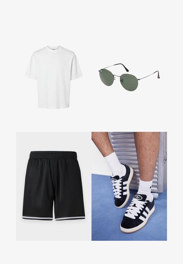 T-shirt bianco in cotone con maniche corte, scollo rotondo e vestibilità rilassata. Texture liscia senza pattern o dettagli visibili.; Pantaloni sportivi neri in rete con vita elastica, con strisce bianche lungo l'orlo per un tocco di dettaglio. Materiale leggero e traspirante.; Sneakers in suede nero con lacci bianchi e tre strisce bianche. Presentano un logo circolare nero sulla linguetta e una suola in gomma color gomma.; Occhiali da sole con montatura in metallo e lenti verdi ovali. Montatura sottile in metallo argento e terminali neri. Design minimalista, senza loghi visibili.