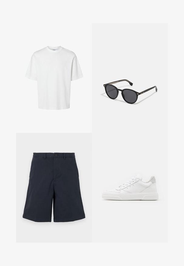Fehér pamut póló rövid ujjakkal, kerek nyakkivágással és laza szabással. Simább textúra, látható minták vagy kiegészítők nélkül.; Tengerészkék pamut rövidnadrág, gombos záródással, oldalzsebekkel és egyenes szárú kivitelben. Az anyag puha tapintású.; Fehér bőr sportcipő sima felülettel, kerek orral, lapos fűzőkkel és textúrált talppal. Szürke velúr díszítés a saroknál.; BOSS Napszemüvegek - black