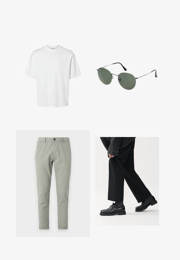 White cotton t-shirt with short sleeves, crew neckline, and a relaxed fit. Smooth texture with no visible patterns or accents.; Tailored green chinos made from lightweight cotton. Features a button closure, front and back pockets, and tapered leg design.; Black leather shoes with a rounded toe, lace-up design, and thick, textured sole. Worn with tailored black trousers and a ribbed sweater.; Metal-framed sunglasses with oval green lenses. Thin silver metal frame and black ear tips. Minimalist design, no visible logos.
