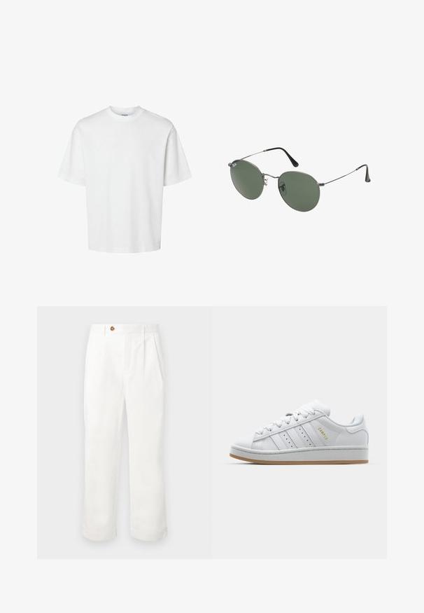 Biele bavlnené tričko s krátkymi rukávmi, okrúhlym výstrihom a voľným strihom. Hladká textura bez viditeľných vzorov alebo akcentov.; Biele bavlnené nohavice rovného strihu s dvoma prednými pliseami, jedným gombíkovým zapínaním a bočnými vreckami. Hladká textura.; Biele tenisky s perforovaným dizajnom trojprúžku, textúrovanými akcentmi, gumovou podrážkou a zlatým logom "CAMPUS" na boku.; Sunglass s metalovým rámom s oválnymi zelenými šošovkami. Tenký strieborný kovový rám a čierne štuple za uši. Minimalistický dizajn, bez viditeľných log.