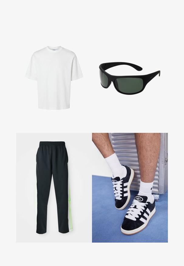 Balts kokvilnas T-krekls ar īsām piedurknēm, apaļu kakla izgriezumu un brīvu piegriezumu. Gluda tekstūra bez redzamām rakstu vai akcentu detaļām.; Melnas sporta bikses ar brīvu piegriezumu, elastīgu jostu un baltām sānu svītrām ar neona zaļiem akcentiem; gluda, viegla auduma.; Melni zamšaini sporta apavi ar baltiem šņorēm un trim baltām svītrām. Iekļauj arī apaļu melnu logotipu uz mēles un gumijas zoli.; Melnas saulesbrilles ar tumši zaļām lēcām. Matēta apdare, izliekta forma, ar taisnām kājiņām un smalku zīmola logo sānos.