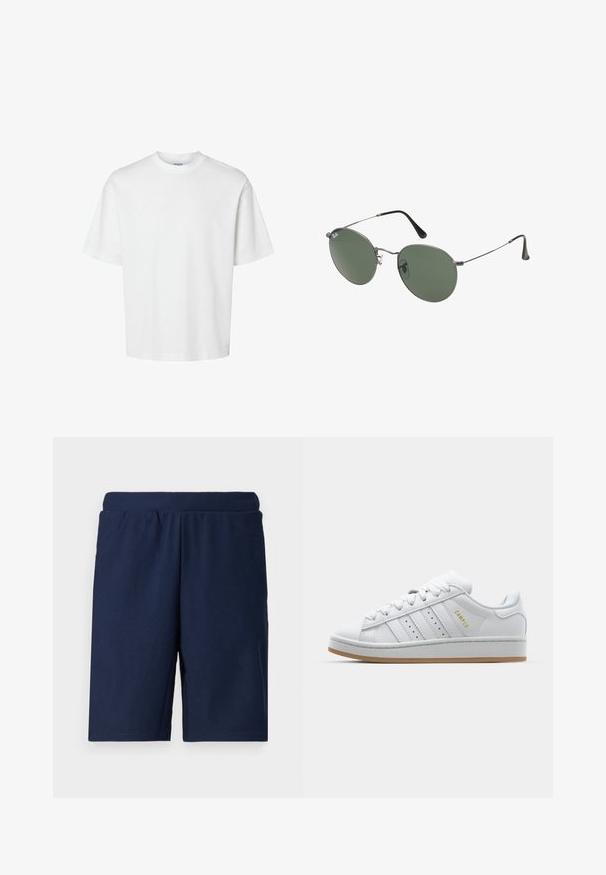 Balta medvilninė marškinė su trumpomis rankovėmis, apvaliu iškirpimu ir laisvu siluetu. Lygus paviršius be matomų raštų ar akcentų.; Tamsiai mėlynos sportinės šortai su raukšlėta tekstūra, elastingu juosmeniu ir tiesiu kirpimu, sukurti patogumui ir judėjimo laisvei.; Baltos sportbačiai su perforuotu trimis dryželiais, tekstūruotais akcentais, guminiais padais ir auksiniu "CAMPUS" logotipu šone.; Metaliniai akiniai su ovaliais žaliais lęšiais. Plonas sidabro spalvos metalinis rėmas ir juodi ausų laikikliai. Minimalistinis dizainas, be matomų logotipų.