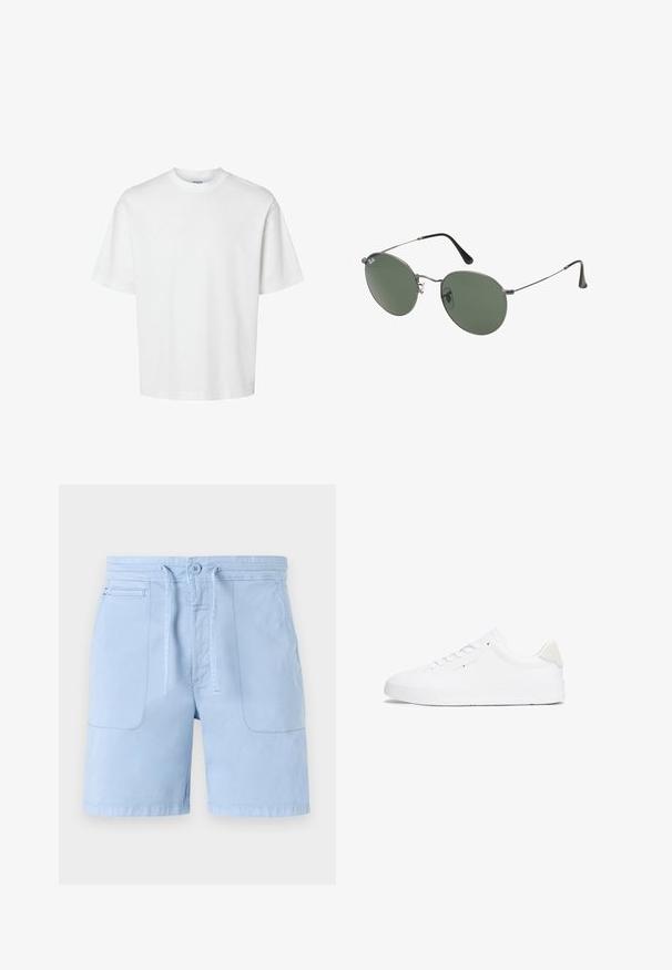 Bela bombažna majica s kratkimi rokavi, okroglo izrezana in udobnega kroja. Gladka tekstura brez vidnih vzorcev ali dekoracij.; Svetlo modri kratki hlače iz bombaža, ki imajo elastičen pas na vrvico, dva sprednja žepa in gladko teksturo. Osnovna zasnova z minimalnimi poudarki.; Bela tenisa z gladkim usnjem, okroglo konico, ravnim podplatom in minimalističnim dizajnom. Ima diskretno blagovno znamko in bež poudarek na peti.; Sončna očala z ovalnimi zelenimi lečami v kovinskem okvirju. Tanjši srebrni kovinski okvir in črne ušesne konice. Minimalistična zasnova, brez vidnih logotipov.