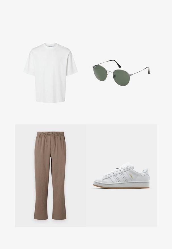 White cotton t-shirt with short sleeves, crew neckline, and a relaxed fit. Smooth texture with no visible patterns or accents.; Brown cotton pants with a drawstring waist, wide leg design, and slight flair at the ankles; smooth texture and no prominent patterns.; White sneaker with perforated three-stripe design, textured accents, a rubber sole, and "CAMPUS" logo in gold on the side.; Metal-framed sunglasses with oval green lenses. Thin silver metal frame and black ear tips. Minimalist design, no visible logos.