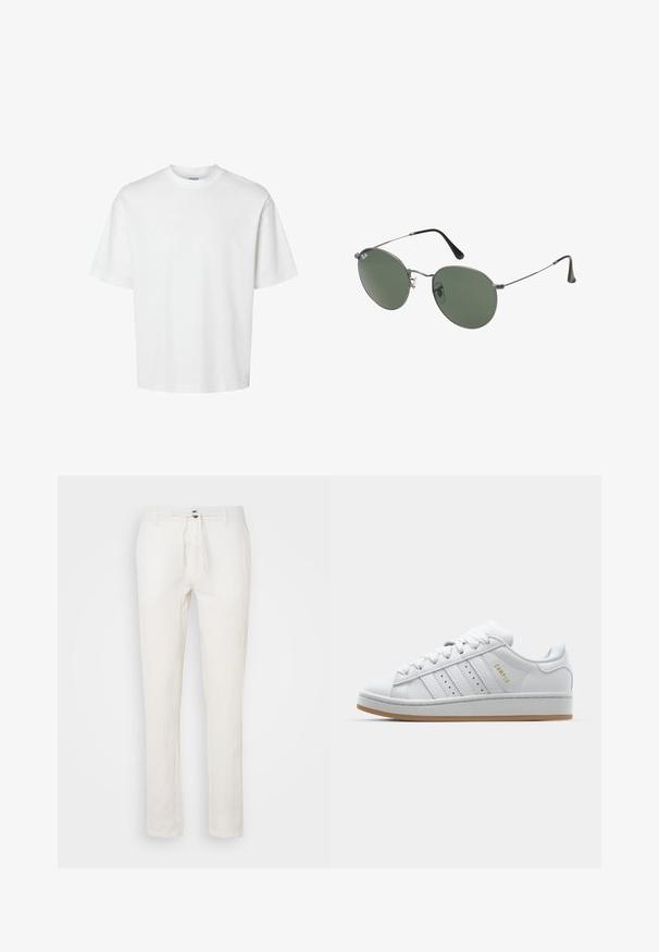 Camiseta blanca de algodón con mangas cortas, escote redondo y un corte relajado. Textura suave sin patrones o acentos visibles.; Pantalones de lino blancos con cintura ajustable, diseño de pierna recta y textura sutil. Sin bolsillos visibles ni patrones.; Zapatilla blanca con diseño de tres rayas perforadas, acentos texturizados, suela de goma y el logo "CAMPUS" en dorado en el lateral.; Gafas de sol con marco de metal y lentes ovalados verdes. Marco delgado de metal plateado y puntas de las orejas negras. Diseño minimalista, sin logotipos visibles.
