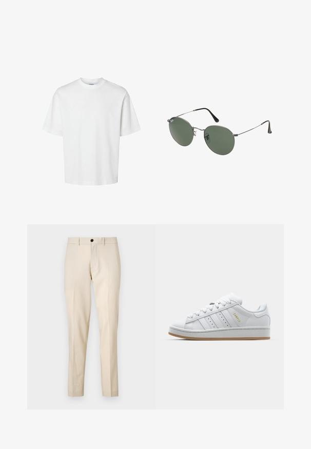 Bela bombažna majica s kratkimi rokavi, okroglo izrezana in udobnega kroja. Gladka tekstura brez vidnih vzorcev ali dekoracij.; Bež hlače s krojem, ki imajo gladko teksturo, vključujejo sprednje zapiranje na gumb, ravno sprednjo zasnovo in ravne noge. Vidi se brez žepov.; Bela teniska z perforirano trojno črto, teksturiranimi detajli, gumijastim podplatom in zlatim logotipom "CAMPUS" na strani.; Sončna očala z ovalnimi zelenimi lečami v kovinskem okvirju. Tanjši srebrni kovinski okvir in črne ušesne konice. Minimalistična zasnova, brez vidnih logotipov.