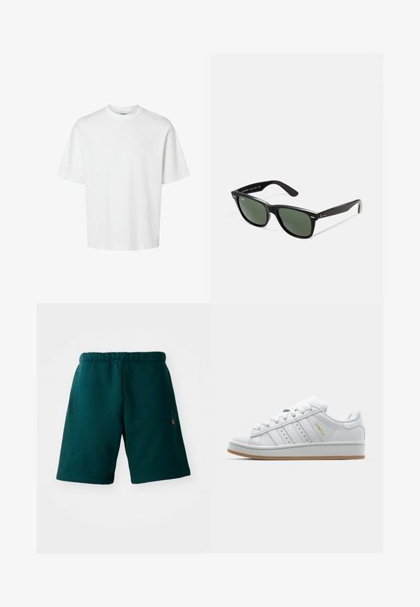 T-shirt bianco in cotone con maniche corte, scollo rotondo e vestibilità rilassata. Texture liscia senza pattern o dettagli visibili.; Pantaloni corti in cotone verde scuro con vita elasticizzata, tasche laterali e un piccolo logo nella parte bassa. Texture liscia e design a lunghezza ginocchio.; Sneaker bianca con design a tre strisce perforate, dettagli testurizzati, suola in gomma e logo "CAMPUS" in oro sul lato.; Occhiali da sole in plastica nera con lenti verdi, montatura quadrata, dettaglio argento sulla parte superiore e steli con texture. Marchio indicato sulla parte interna dello stelo.; Orologio Timex con quadrante bianco, numeri arabi neri e cassa dorata. Presenta un cinturino in pelle marrone con stampa cocco e una finestra per la data.