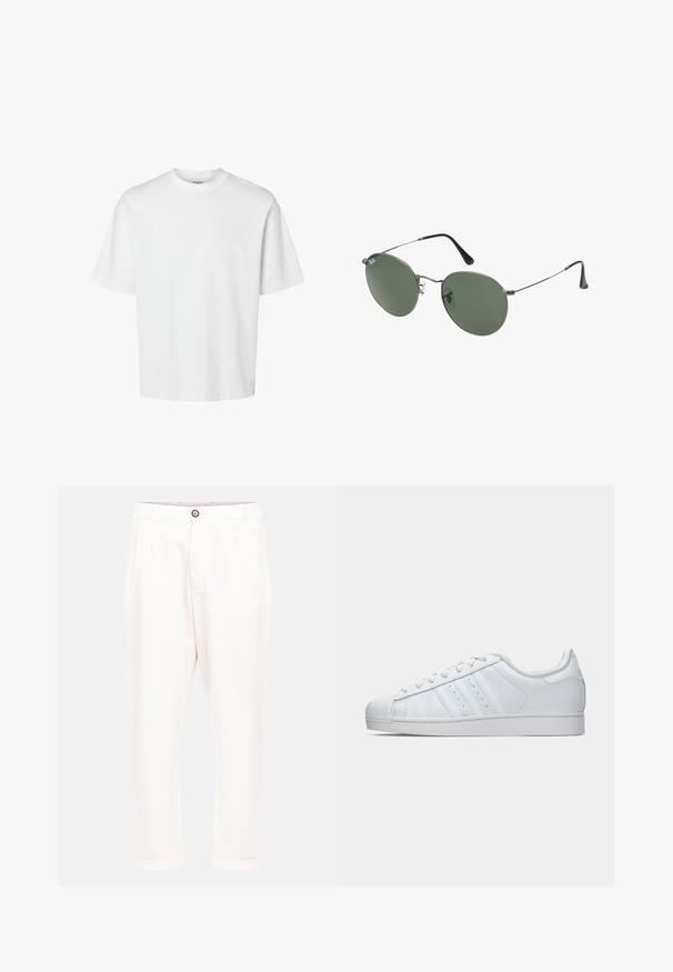White cotton t-shirt with short sleeves, crew neckline, and a relaxed fit. Smooth texture with no visible patterns or accents.; Light beige trousers with a relaxed fit, featuring two front pleats, a button closure, and rolled cuffs at the ankles. Smooth fabric texture.; White leather sneaker with a textured rubber toe cap, three side stripes, and a cushioned collar. Flat white laces and a minimal design.; Metal-framed sunglasses with oval green lenses. Thin silver metal frame and black ear tips. Minimalist design, no visible logos.