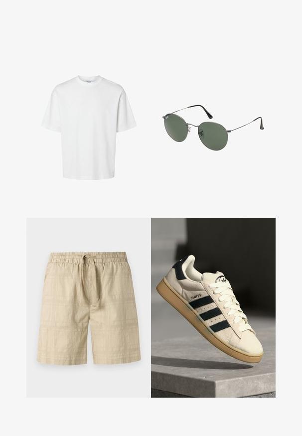 T-shirt en coton blanc à manches courtes, col rond et coupe décontractée. Texture lisse sans motifs ou accents visibles.; Shorts beiges en tissu léger avec taille élastique et cordon de serrage, arborant un motif de grille subtil et une coupe droite.; Baskets en daim beige avec trois rayures bleu foncé, lacets blancs et semelle en caoutchouc beige. Présente un logo sur la languette et le texte "CAMPUS".; Lunettes de soleil en métal avec des verres ovales verts. Monture en métal argenté mince et embouts d'oreille noirs. Design minimaliste, sans logos visibles.