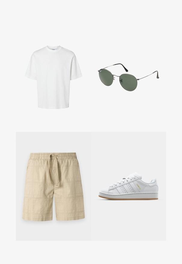 White cotton t-shirt with short sleeves, crew neckline, and a relaxed fit. Smooth texture with no visible patterns or accents.; Beige shorts made of lightweight fabric with an elastic waistband and drawstring, featuring a subtle grid pattern and straight cut.; White sneaker with perforated three-stripe design, textured accents, a rubber sole, and "CAMPUS" logo in gold on the side.; Metal-framed sunglasses with oval green lenses. Thin silver metal frame and black ear tips. Minimalist design, no visible logos.