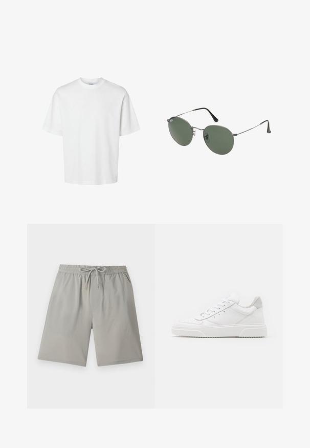 White cotton t-shirt with short sleeves, crew neckline, and a relaxed fit. Smooth texture with no visible patterns or accents.; Light gray shorts with an elastic waistband, adjustable drawstring, side pockets, and a soft, smooth texture.; White leather sneakers with a smooth finish, rounded toe, flat laces, and a textured sole. Grey suede accent at the heel.; Metal-framed sunglasses with oval green lenses. Thin silver metal frame and black ear tips. Minimalist design, no visible logos.