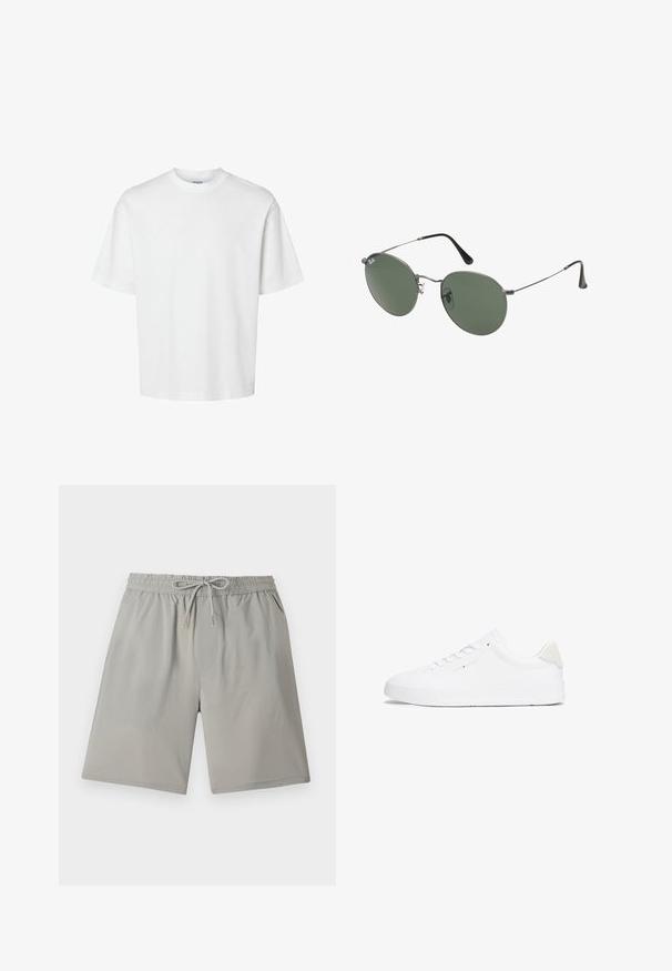 Camiseta blanca de algodón con mangas cortas, escote redondo y un corte relajado. Textura suave sin patrones o acentos visibles.; Pantalones cortos de color gris claro con cintura elástica, cordón ajustable, bolsillos laterales y una textura suave y lisa.; Zapatilla blanca con parte superior de cuero liso, punta redonda, suela plana y diseño minimalista. Presenta un logotipo sutil y un acento beige en el talón.; Gafas de sol con marco de metal y lentes ovalados verdes. Marco delgado de metal plateado y puntas de las orejas negras. Diseño minimalista, sin logotipos visibles.