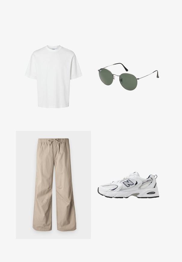 Hvit bomull t-skjorte med korte ermer, rund hals og avslappet passform. Glatt tekstur uten synlige mønstre eller detaljer.; Beige vide bukser med elastisk talje og snøre. Glat tekstur, to sidelommer og minimale syninger for en afslappet pasform.; Hvit sportsko med mesh-overdel, marineblå accenter og polstret såle. Har "N"-logo, lisser og teksturert detalj på siden.; Metallinnrammede solbriller med ovale grønne linser. Tynn sølvfarget metallramme og svarte øreplugger. Minimalistisk design, ingen synlige logoer.