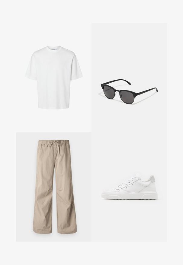 Tricou alb din bumbac, cu mâneci scurte, guler rotund și o croială lejeră. Textură netedă, fără modele sau accente vizibile.; Pantaloni largi beji cu talie elastică și șnur. Textură netedă, două buzunare laterale și cusături minime pentru un aspect relaxat.; Adidași din piele albă cu un finisaj neted, vârf rotunjit, șireturi plate și o talpă texturată. Accente din piele întoarsă gri la călcâi.; Ochelari de soare negri cu lentile rotunde, finisaj mat și o formă distinctivă de cat-eye. Brațe subțiri cu un branding subtil pe templul stâng.