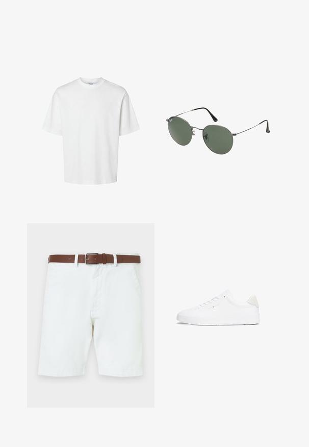 White cotton t-shirt with short sleeves, crew neckline, and a relaxed fit. Smooth texture with no visible patterns or accents.; White cotton shorts featuring a brown leather belt with a silver buckle. Snap and zipper closure, side pockets, and hemmed cuffs.; White sneaker with a smooth leather upper, round toe, flat sole, and minimalistic design. Features subtle branding and a beige accent at the heel.; Metal-framed sunglasses with oval green lenses. Thin silver metal frame and black ear tips. Minimalist design, no visible logos.