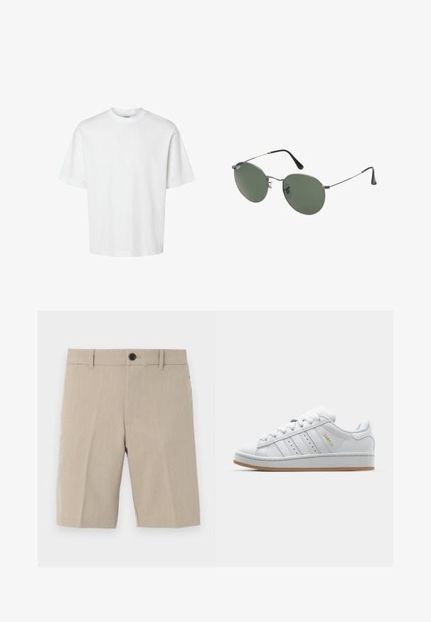 Bela bombažna majica s kratkimi rokavi, okroglo izrezana in udobnega kroja. Gladka tekstura brez vidnih vzorcev ali dekoracij.; Bež hlače do kolen z ravnim sprednjim delom, rahlo teksturo, zapiranjem na en gumb, pasom in dvema stranskima žepoma. Prilagojena oblika.; Bela teniska z perforirano trojno črto, teksturiranimi detajli, gumijastim podplatom in zlatim logotipom "CAMPUS" na strani.; Sončna očala z ovalnimi zelenimi lečami v kovinskem okvirju. Tanjši srebrni kovinski okvir in črne ušesne konice. Minimalistična zasnova, brez vidnih logotipov.