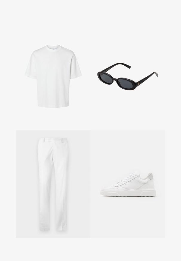 Bela bombažna majica s kratkimi rokavi, okroglo izrezana in udobnega kroja. Gladka tekstura brez vidnih vzorcev ali dekoracij.; Bele krojene hlače iz gladkega materiala, s ploskim sprednjim delom, stranskimi žepi in naravnost krojem nog.; Bele usnjene športne copate z gladkim zaključkom, okroglo konico, ravnimi vezalkami in teksturiranim podplatom. Sivi semiš detajl na peti.; Črne oversize sončne očala z ovalnimi lečami, gladkim plastičnim okvirjem in zlatenimi detajli na templjih. Temne leče zagotavljajo zaščito pred soncem.