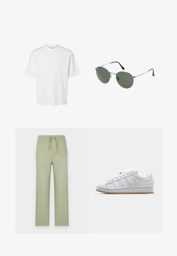 Bela bombažna majica s kratkimi rokavi, okroglo izrezana in udobnega kroja. Gladka tekstura brez vidnih vzorcev ali dekoracij.; Hlače v svetlem olivno zeleni barvi, narejene iz mehke tkanine. Imajo elastičen pas z vrvico in ravne široke nogavice.; Bela teniska z perforirano trojno črto, teksturiranimi detajli, gumijastim podplatom in zlatim logotipom "CAMPUS" na strani.; Sončna očala z ovalnimi zelenimi lečami v kovinskem okvirju. Tanjši srebrni kovinski okvir in črne ušesne konice. Minimalistična zasnova, brez vidnih logotipov.